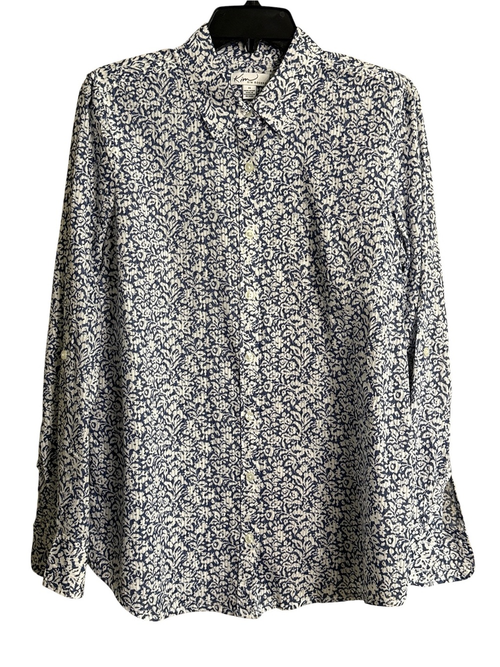 Kim Rogers White and Navy Floral Print Button-Down 100% Cotton Shirt